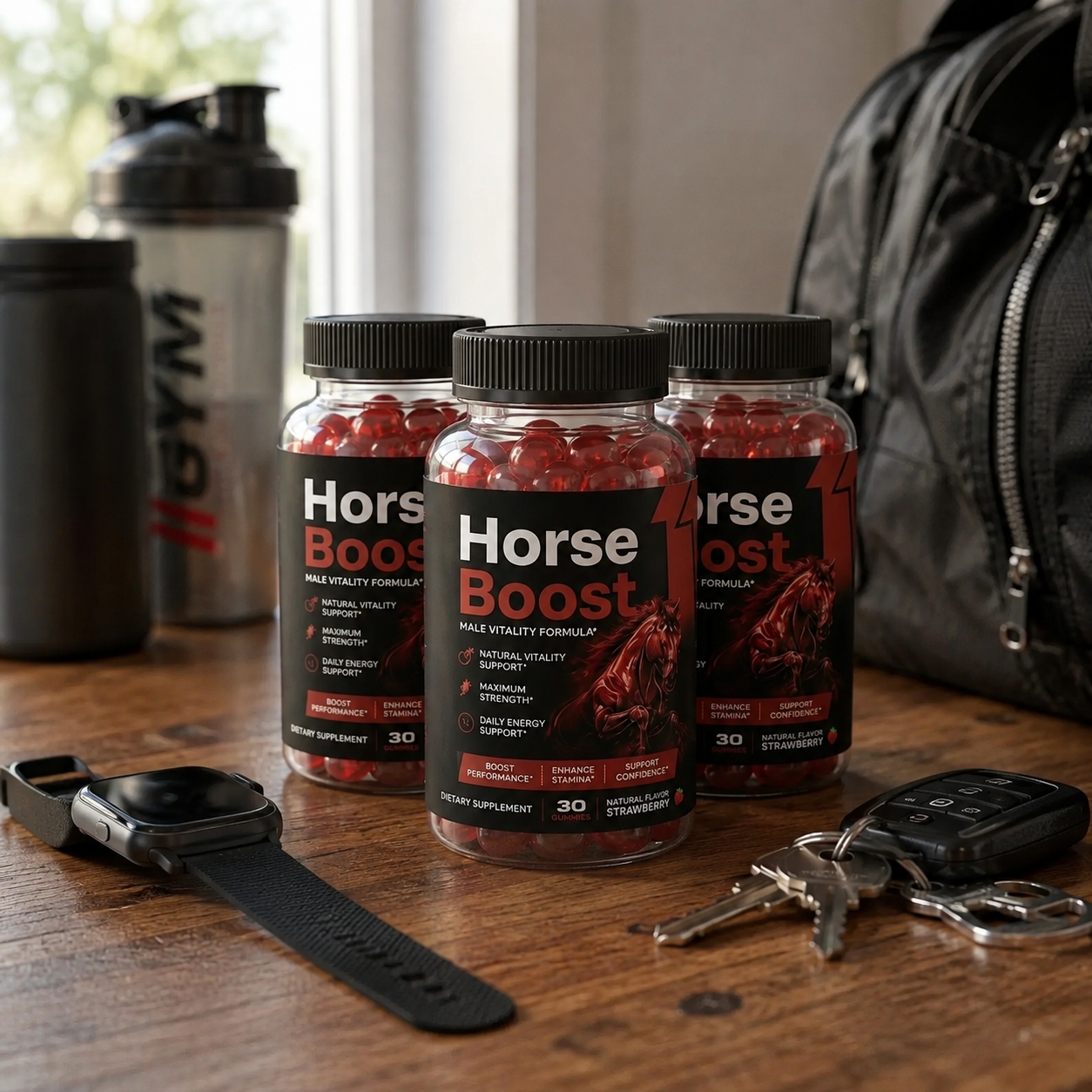 Horse Boost bottles on a table